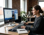 Specialista sledující Facebook tutorial v moderní kanceláři v Praze